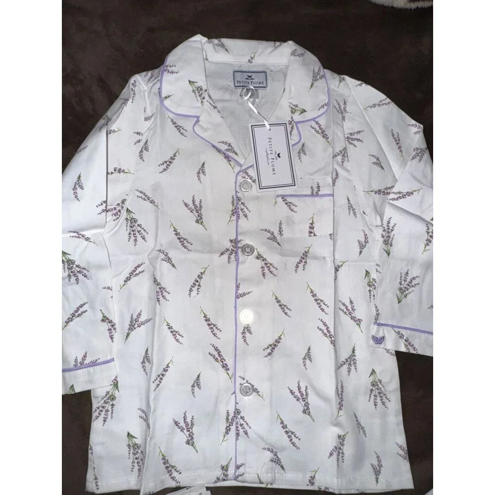 Petite Plume Girls Lavender Floral Pajama Set Cotton Long Sleeve Button-Down Top - Picture 3 of 14